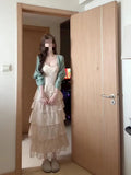 Korean Gentle Wind Two Sets Of Mint Green Hollow Open Shirt + Lace Splicing Cake Skirt Female Fashion Suit