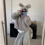 Cute Rabbit Ear Imitation Fur Short Hooded Plush Coat Women Winter Loose Plus Lazy Hairy Fur Coat