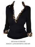 Spice Leopard Print Splicing V-Neck Long-Sleeved T-Shirt For Women's Autumn And Winter New Body-Repair Shirts Ins