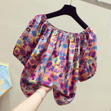 New Fashion Broken Flower Word Collar Short-Sleeved T-Shirt Top Women's Summer Niche Loose Shirt On The Original Work