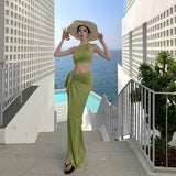 Summer Beautiful Wearing Suit Seaside Vacation Rose Red Shoulder Bra Small Vest Open Skirt Two-Piece Dress