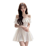 Tea Break French First Love Pure White Shoulder Short-Sleeved Dress Women's Summer New Wooden Ear A Short Skirt
