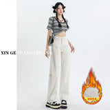 White Plus Straight Jeans Women 2025 New Small High-Rise Thin Loose-Render Broad Leg Pants