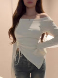 Korean Hottie Rope A Word Shoulder Dress Woman Autumn Design Sense Of Small Shoulder Wearing A Bottom Shirt Long-Sleeved T-Shirt