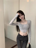 Sweet And Spicy Long-Sleeved T-Shirt Girl Spring Slim Slim Short High-Waist Thin Inside The Bottom Shirt Sexy White Top