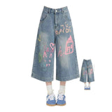 Dopamine Wears Graffiti Cowboy Sevens Women's Summer Broad Legs Mids Loose Straight Street Casual Shorts