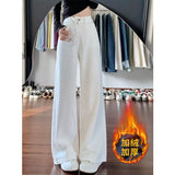 White Plus Velvet Broad-Legged Jeans Women's Autumn And Winter New High-Waisted Loose Loose Casual Small Narrow Version Of Straight Trousers