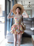 [Removable Shoulder Strap With Anti-Slip Strip] French Beautiful Flower Princess Short Dress Summer New Floral Rib Dress