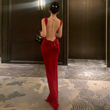 French Retro High-End Red Sexy Bow Bow With Big Backs Hanging Dress Pure Desire To Waist Dress Dress