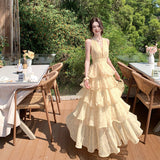 French Holiday Dress Women Pure Desire Sexy Back Hanging Neck Chiffon Print Cake Long Dress Temperament Birthday Dress