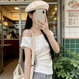 Design Sense Korean Version Of The Oblique Shoulder Collarbone Short-Sleeved T-Shirt For Women's New Summer French Texture Folded Short Top