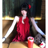 Three-Dimensional Flower Lotus Side Hanging Neck Vest Women's Unique Beauty Set Pure Red Skirt Two Sets