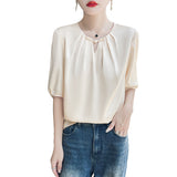 Silk Satin 2026 Spring And Summer Women's New Short Round Lead The National Wind Buckle Half-Sleeve Five-Sleeve Shirt