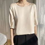 Airable Silk Satin 2026 Spring And Summer New Women's Round Collar Loose Solid Color Acetic Satin Noodles T-Shirt