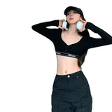 Spice Girls Sexy Long-Sleeved T-Shirt Short V-Neck Collared Women's Spring And Autumn Collarbone High Waist-Cuffed Umbilled Repair Inside The Top