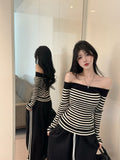 One-Word Shoulder-Striped Long-Sleeved Knitted Jersey Girl Autumn And Winter Pure Hot Girl Sexy Taut Shoulder Shirt Inside Sweater