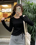 Autumn Long-Sleeved T-Shirt Women Thin Bottom Shirt Drawstrings With Bottom Shirt Slim Slim Thin Short Top