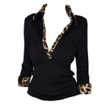 Spice Leopard Print Splicing V-Neck Long-Sleeved T-Shirt For Women's Autumn And Winter New Body-Repair Shirts Ins