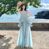 French Super Fairy Three-Dimensional Flowers Lotus Leaf Side Blue Sling Dress Women's Summer Holiday Style Dress Suit