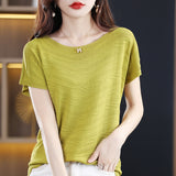 Tiansi 2026 Spring And Summer Women's New Lady Loose Temperament Beads Short-Sleeved T-Shirt Bottom Knitted Half-Sleeved Top