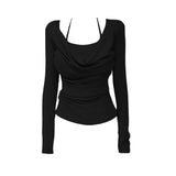 Black Hanging Neck Fake Two Folding Long-Sleeved T-Shirt Girl Spring New Hot Girl Pure Style Repair Bottom Shirt Top