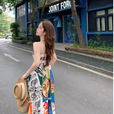 Vintage National Wind Sling Dress Women Spring Seaside Holiday Graffiti Print Sleeveless Vest Skirt Lazy Dress Skirt