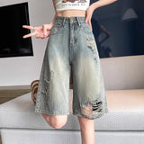 Cement Gray Hole Wide Leg Denim Shorts Female Summer Thin High-Waisted Pear-Shaped Body Hidden Meat Beggar Straight Five-Point Trousers