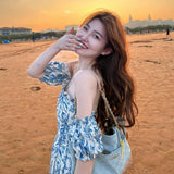 A Word Shoulder Broken Flower Dress Small Sling Dress Seaside Holiday Wearing Sanya Wind Beach Dress Summer