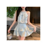 Temperament Design Set Bow Hanging Neck Vest Blouse Women's Summer High-Waist Cake Half-Dress Two-Case