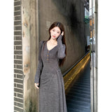 Korean Gray Shawl V-Necked Long-Sleeved Dress Women's New Bag-Groomed And Long-Sleeved Dress In Spring And Autumn Winter