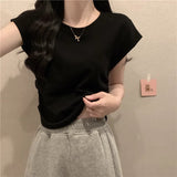Positive Shoulder Short-Sleeved T-Shirt Women's Summer 2025 New Hong Kong Flavor Ins Style Slimming Small Flying Sleeve Short Top