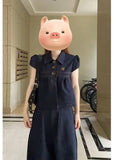 Korean Vintage Little Denim Set Of Female Lapel Clasp Blouse With High-Waist Straight Broad Leg Pants Two Sets