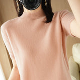 Wool Blended 2026 Autumn And Winter Women's Clothing Loose Half-High Collar Short-Sleeved Jersey T-Shirt