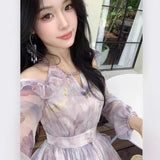 French Temperament Out-Shoulder Butterfly Print Long-Sleeved Dress Women Spring And Summer High-Grade Feeling Irregular Lotus Leaf Side Long Skirt