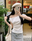 Design Sense Korean Version Of The Oblique Shoulder Collarbone Short-Sleeved T-Shirt For Women's New Summer French Texture Folded Short Top