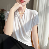 Fine Spinning Lyselle 2026 Spring And Summer Women's New Short-Style V-Neck Solid Color Cross-Temple Fashion Short-Sleeved T-Shirt