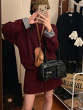Korean Casual Sports Set 2025 Autumn And Winter Cuff Lattice Spliced Round Collar Collar Eds + Skirt Two-Piece Set