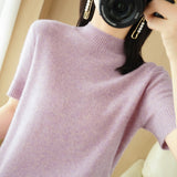 Wool Blended 2026 Autumn And Winter Women's Clothing Loose Half-High Collar Short-Sleeved Jersey T-Shirt