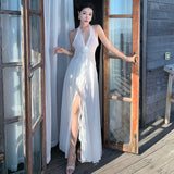 High-End Feeling Sleeveless V-Neck Hanging Neck Dress Gentle Temperament Wood Ear Side By-Back Seaside Beach Dress Super Fairy