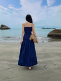 Blue Lattice Tset Dress Women's Summer Vacation Sexy Open Fork Dress Beautiful Dress Seaside Skirt