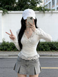 Sweet Hottie Pure Lust Lace Side Long-Sleeved Shirt Girl Early Autumn Wearing A Bottom Shirt Sweet Blouse V Collar Bow