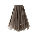 Nail-Beaded Mesh Dress Girl's New High-Waisted Thin Irregularly Folded Skirt A-Shaped Skirt 9816