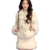 Autumn And Winter 2025 New Small Fragrant Milk Thick Set Of Female High-End Bow Coat Plush Short Skirt
