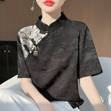 Silk Satin 2026 Summer New Women's Clothing New Chinese Style Collar Blouse Temperament Set Short-Sleeved Top