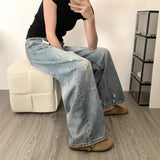 Tall Man Lengthened Retro Water Wash Scratches Worn Jeans Women High Waists Thin Loose Straight Leg Drag Trousers