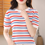 Ice Silk 2026 Spring And Summer Women's New Short Loose Round Collar Small Fresh Hollow Striped T-Shirt Knitted Shirt Short Sleeves