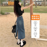 High-Waisted Open-Forked Cowboy Half-Dress Woman 2025 New Summer Small A-Word Half Skirt Retro Ass Long Skirt