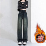 Plus Velvet Broad-Legged Jeans Women's Spring And Autumn 2025 Trend With New Explosive Winter High-Waisted Narrow Version Of Straight Trousers