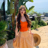 Yunnan Sanya Seaside Holiday Set Dopamine Orange Hanging Sling High Waist Crumb Skirt Two Sets