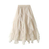 2025 Spring New High-Waisted Lotus Leaf Side Splicing Mesh Dress Half-Dress Woman's Long-Term Large Folding Skirt 0889